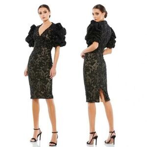 $598 Mac Duggal 12440 Size 10 Black Floral Lace Puff Sleeve V-Neck Midi Dress